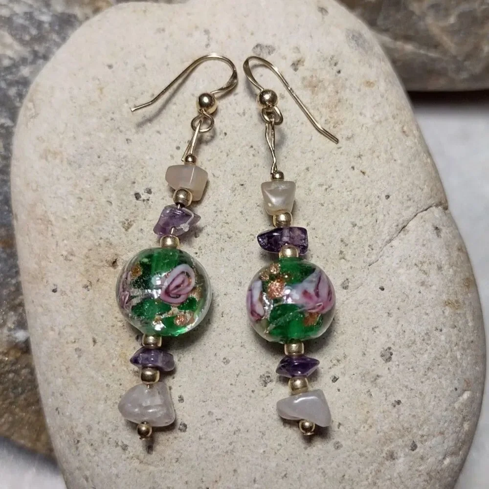 14k GF Murano Glass Foil Rose Bead Dangle Earrings